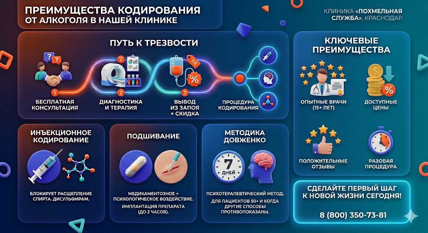 Инфографика о методах кодирования от алкоголя в Костомукше: инъекции, подшивание, метод Довженко. Преимущества клиники и этапы лечения.